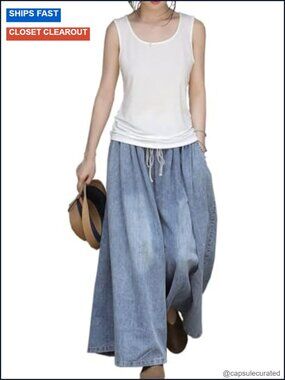 Wide Leg Jeans Women Long Denim Elastic Waist Pockets Plus Size Loose